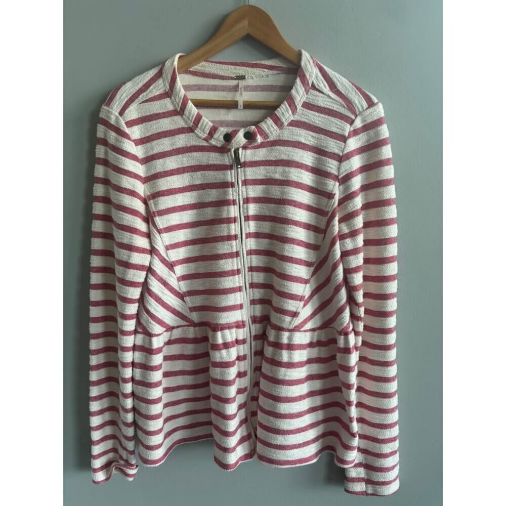 Free People Auntie M Striped Peplum Full Zip Jacket Cream Red Size M